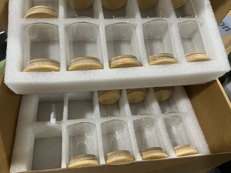 Condition photo showing As Is for (missing 3 containers) egtichome 4oz glass spice jars with bamboo lids and 315 labels, 20 pcs clear food storage containers for kitchen sugar salt coffee tea beans