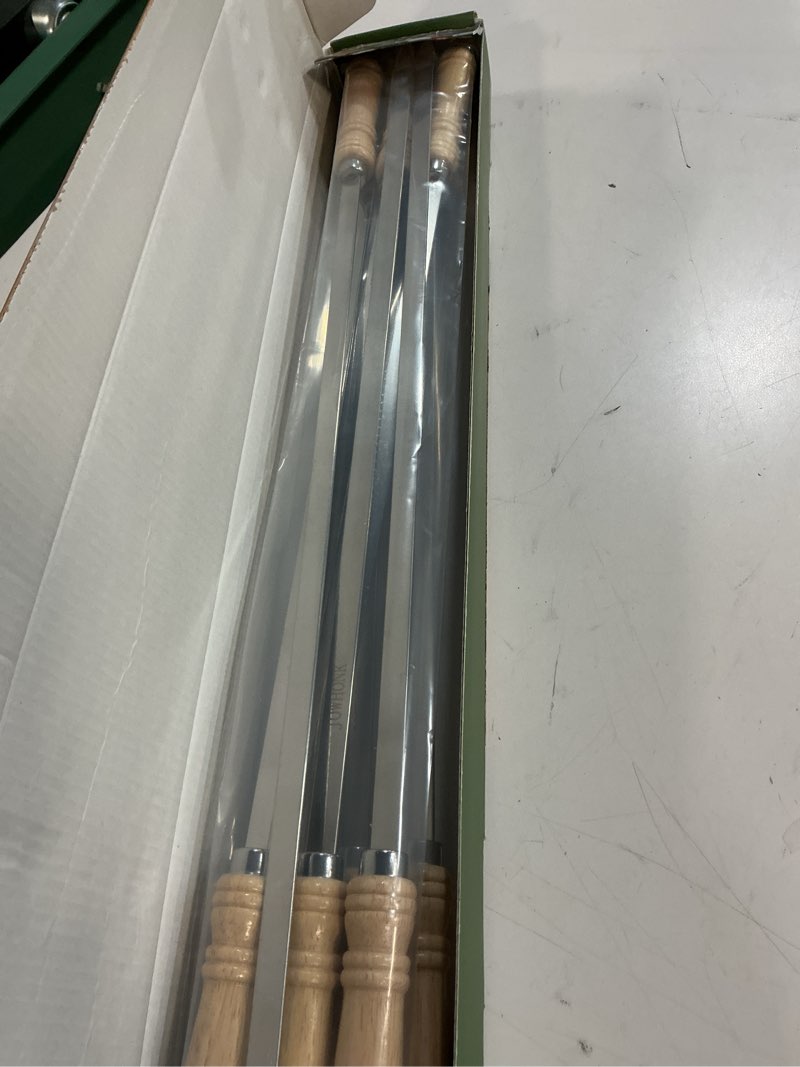 Condition photo showing New/Like New for 21.5 inch long flat skewers for kabobs (12 pcs),0.4" wide 304 stainless steel barbecue kebab skewers for grilling with wood handle,durable for bbq metal kabob skewer sticks for outdoor 21.5 inch?12 pcs?
