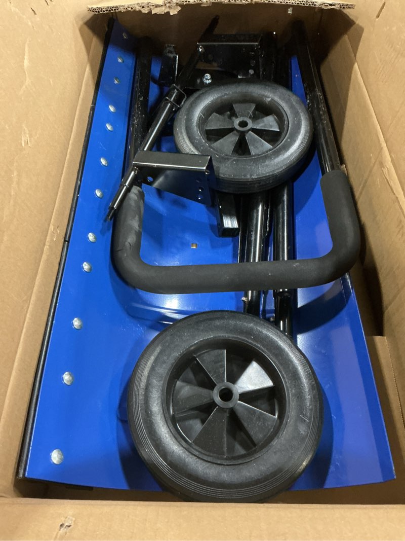 Condition photo showing Good Condition for Snow Shovel Pusher, 29.13-inch Metal Snow Pusher with Wheels for Driveway, Adjustable Angle and Height Snow Pusher Shovel for Sidewalks, or Parking Lots