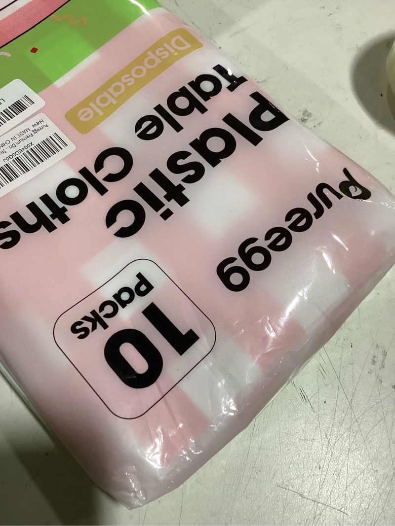Condition photo showing Good Condition for pureegg plastic table cloth disposable 10 pack, 54 x 108 inch table cloths, party, picnic, decorative gingham tablecloths, rectangle, pink and white checkered cover, leakproof & sturdy, pink plaid pink checkered 54" x 108" rectangle