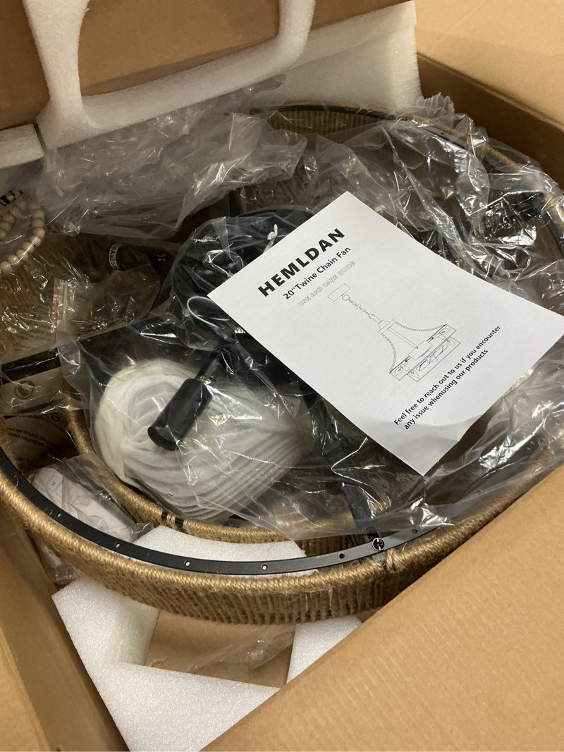 Condition photo showing Good Condition for 20” twine caged ceiling fan double layer coastal boho ratten chandelier fandelier for dining table, bedroom, living room, wood beaded hand-woven, fcc remote/app control (twine, 20in) twine 20in