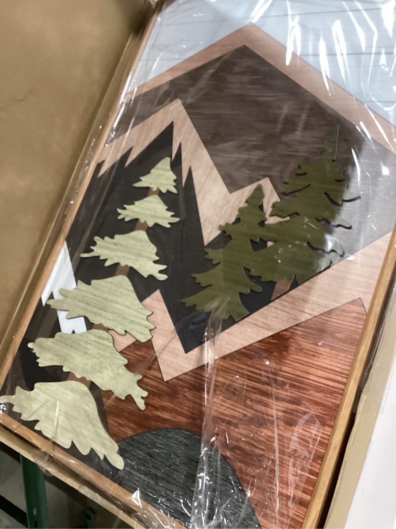 Condition photo showing Good Condition for chditb framed wood mountain wall art, 20"x40" large country woodcut style wall decor, rustic forest nature wall painting, modern canvas art prints for living room, bedroom, farmhouse, office mountain 40"l x 20"w