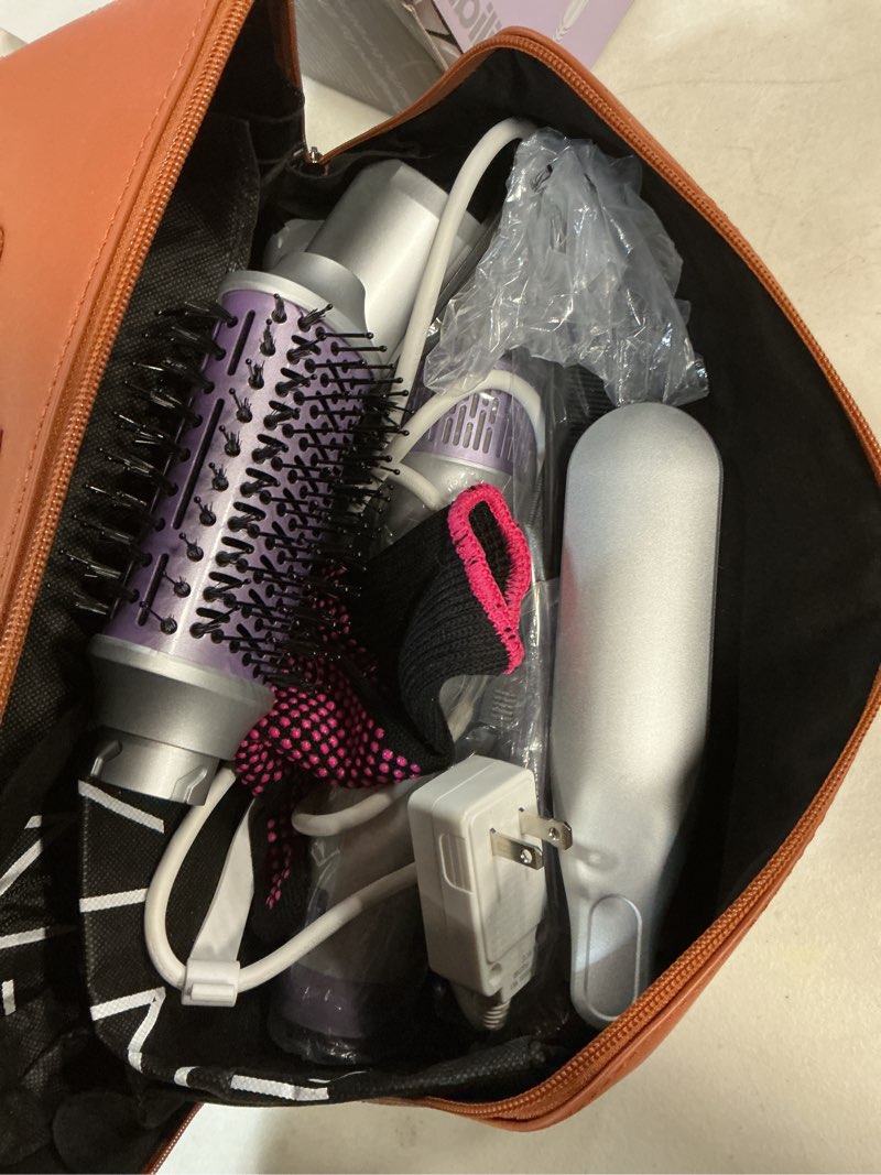 Condition photo showing Good Condition for 5 in 1 hot air styler- blowout brush hair dryer set for salon blowouts, smooth curls, volumizing and straightening, professional hair styler set, anti-frizz, compact design with travel bag purple
