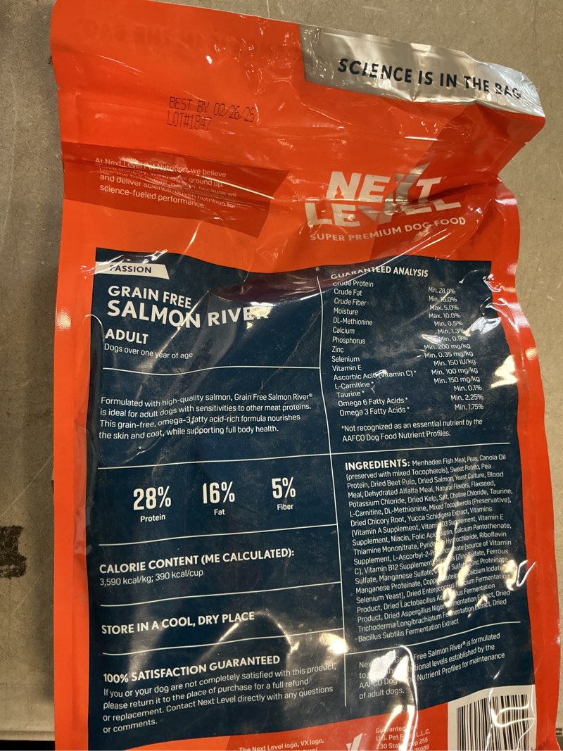 Condition photo showing New/Like New for (Best by 02/26/2026) Next Level Super Premium Dog Food – Grain Free Salmon River – Dry Kibble for Dogs at All Life Stages of All Breeds – 28% Protein, Fish and Sweet Potato, Gluten Free Grains (4 Pound)