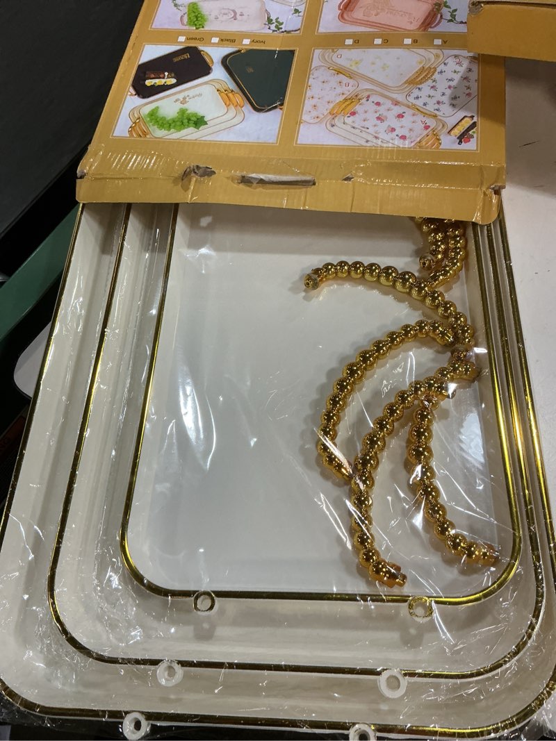 Condition photo showing Good Condition for rtteri set of 6 serving platters with handles 18.3/16.73/14.8 inch large rectangular serving tray reusable for entertaining dinner party wedding decoration(round beads handles,white) white round beads handles