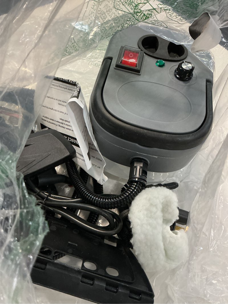 Condition photo showing As Is for 2500W Pressurized Handheld Steam Cleaner, 1.2L Large Water Tank with 6 Attachments. Portable Steamer for Home, Car, Kitchen, Bathroom, Tile & Grout Cleaning Gray