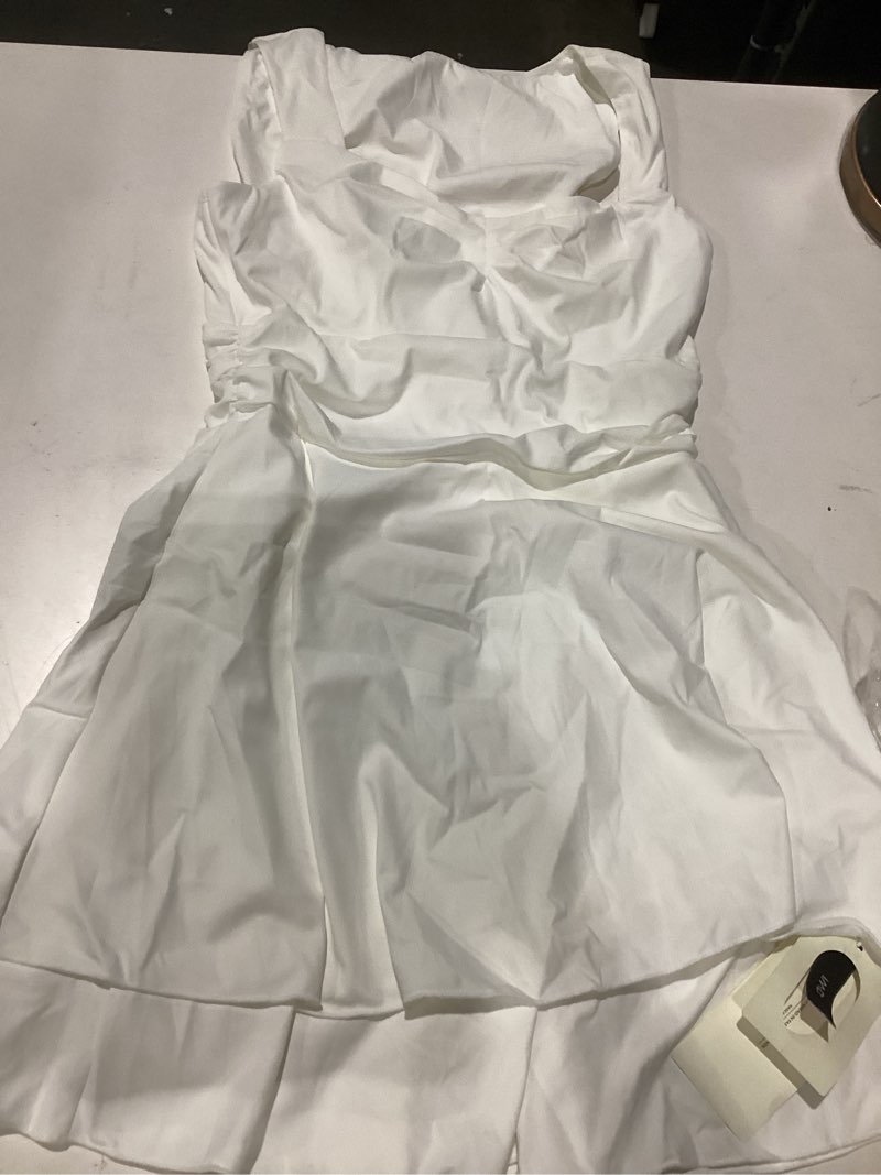 Condition photo showing Good Condition for iwd women's sweetheart sleeveless mini dress ruched waist tiered ruffle hem a line short party dresses a-white medium