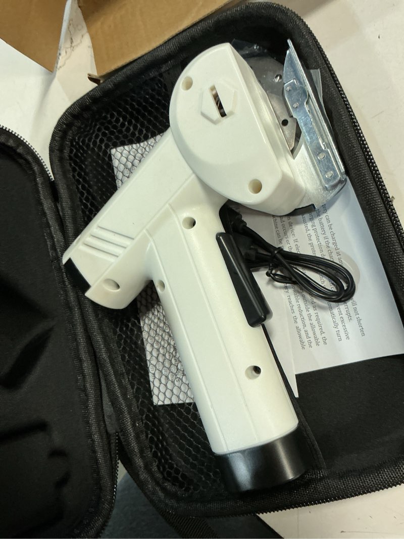 Condition photo showing As Is for cardboard cutter, 4 speeds adjustment 4.2v cordless electric scissors, cardboard box cutter with led light, safety lock & extra blades, electric box cutter for fabric, cardboard, leather, carpet-white