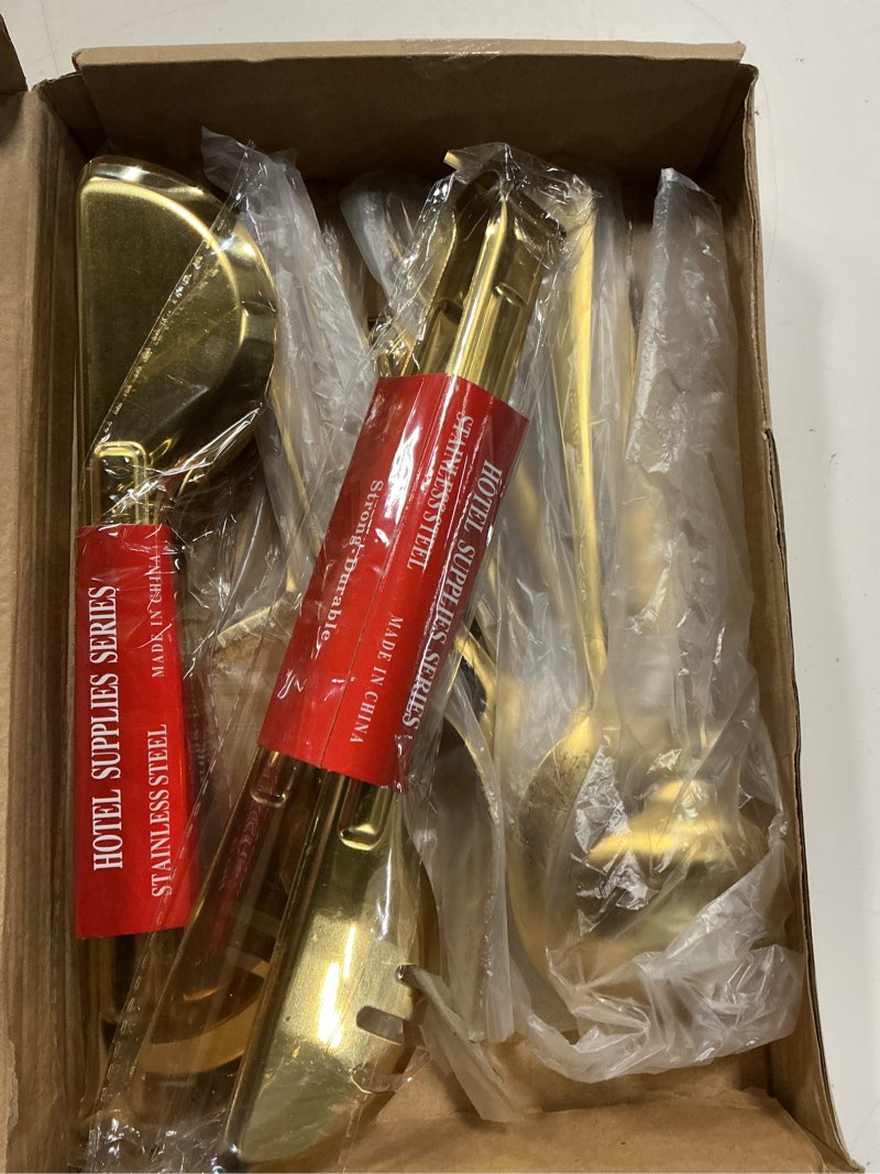 Condition photo showing New/Like New for 12 pcs gold serving utensils set include stainless steel large serving spoons slotted spoons forks soup ladle pie server - metal utensils for parties buffet catering, dishwasher safe gold 12 pcs