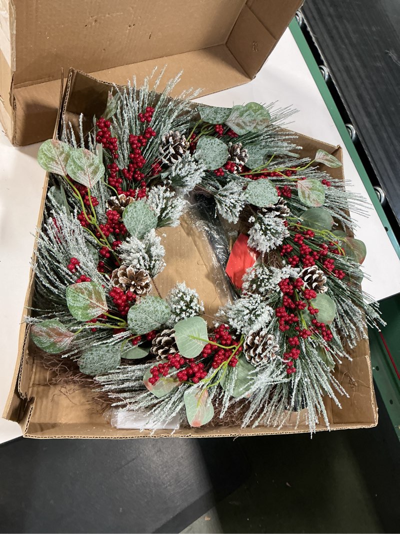Condition photo showing Good Condition for 26” Christmas Wreath with Hanger Lights for Front Door Outdoor Porch Frosted Branches Snowy White Pine Needles Cones Berry Clusters Winter Décor Indoor Wall Decorations