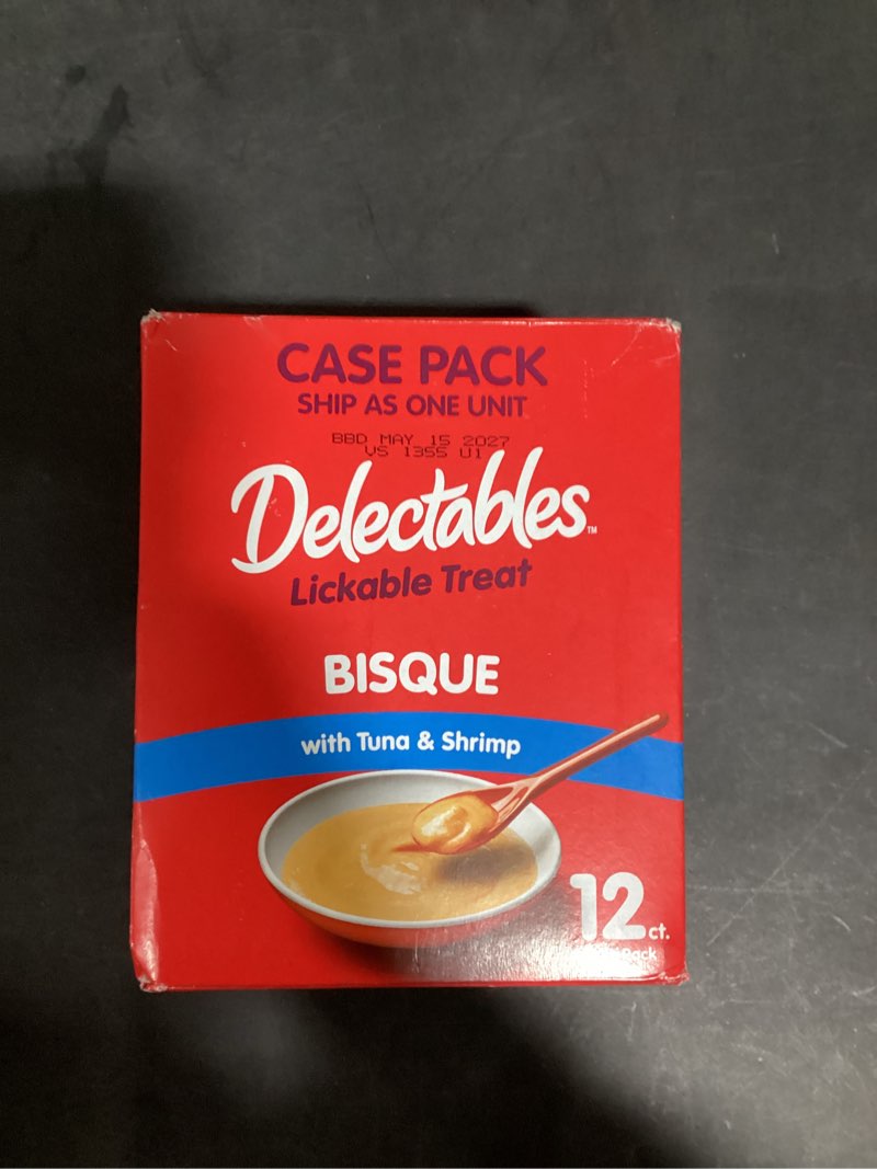 Condition photo showing New/Like New for Delectables Bisque Lickable Wet Cat Treats - Tuna & Shrimp - 12 Pack Tuna & Shrimp 1 count (Pack of 12)