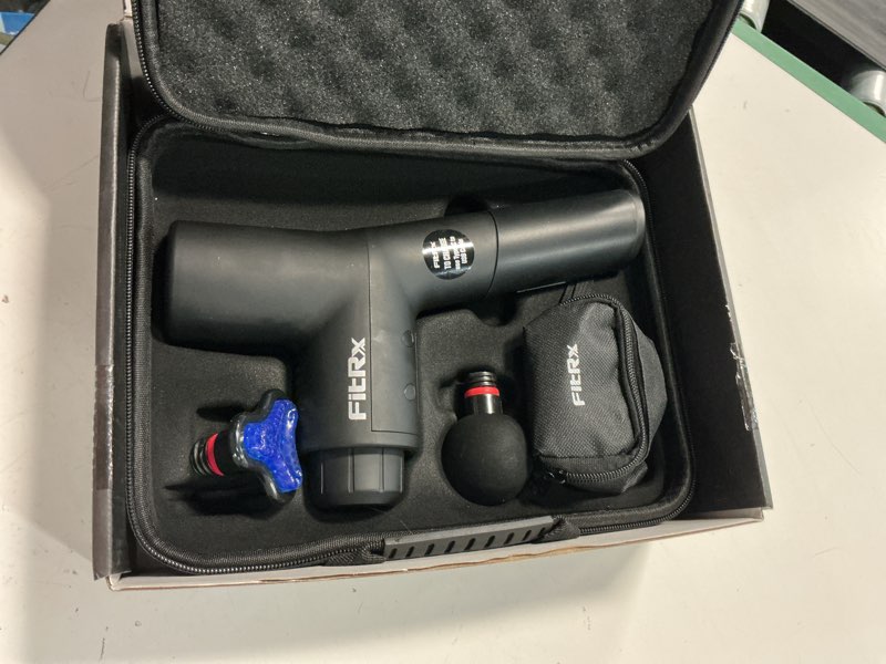 Condition photo showing As Is for fitrx neck and back massager, handheld percussion massage gun with multiple speeds and attachments