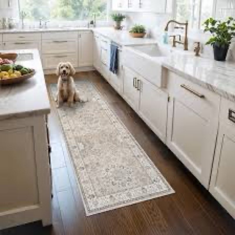 Vintage 2x6 Washable Runner, Low-Profile Kitchen Runner Rug with Non-Slip Backing & Durable Edge Binding, Pet-Friendly Entryway Rug for Bedroom & Hallway Apricot Whisper/ Beige 2' x 6' (Rectangular)