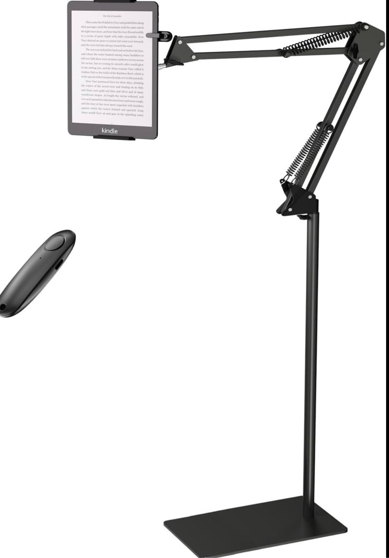 Floor Kindle Stand Holder with Remote Page Turner, Bed Holder with Clicker for Reading, Kindle Accessories for 4.7-11.9 inch Devices Black