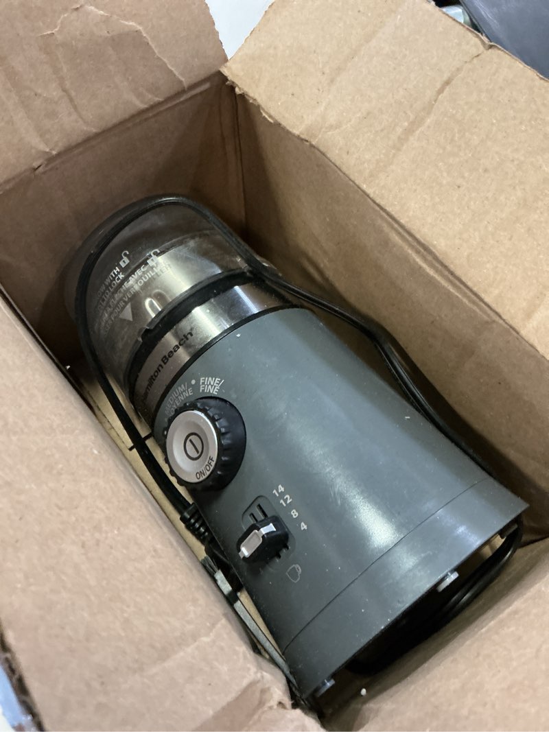 Condition photo showing As Is for Hamilton Beach Electric Coffee Grinder for Beans, Spices and More, with Multiple Grind Settings for up to 14 Cups, Removable Stainless Steel Chamber, Grey (80396C), 10 oz