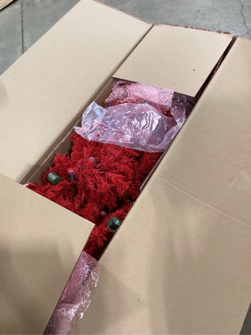 Nearly Natural 7ft. Red Flocked Fraser Fir Artificial Christmas Tree with 500 Red Lights, 40 Globe B