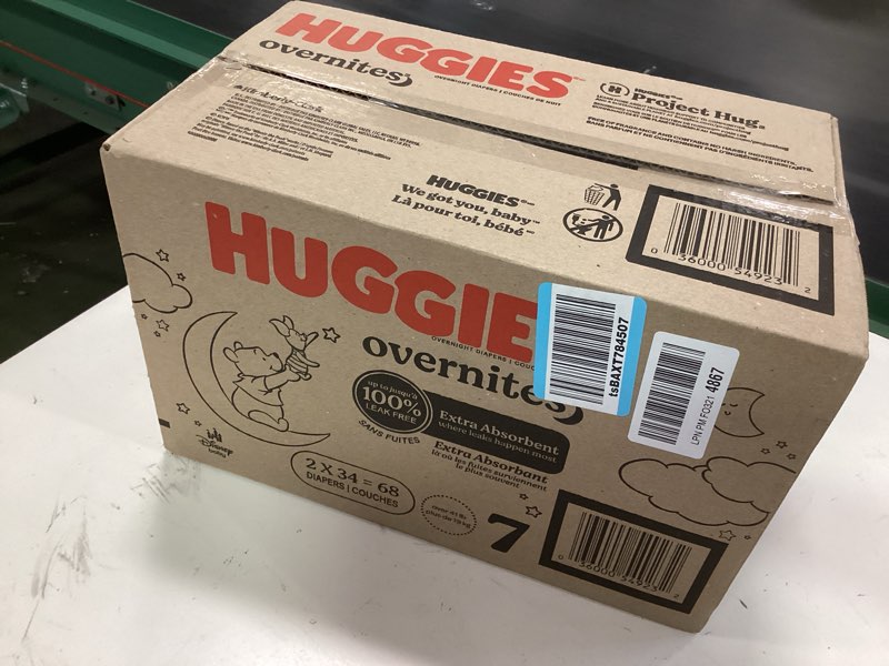 Condition photo showing New/Like New for Huggies Size 7 Overnites Baby Diapers: Overnight Diapers, Size 7 (41+ lbs), 68 Ct (2 Packs of 34), P