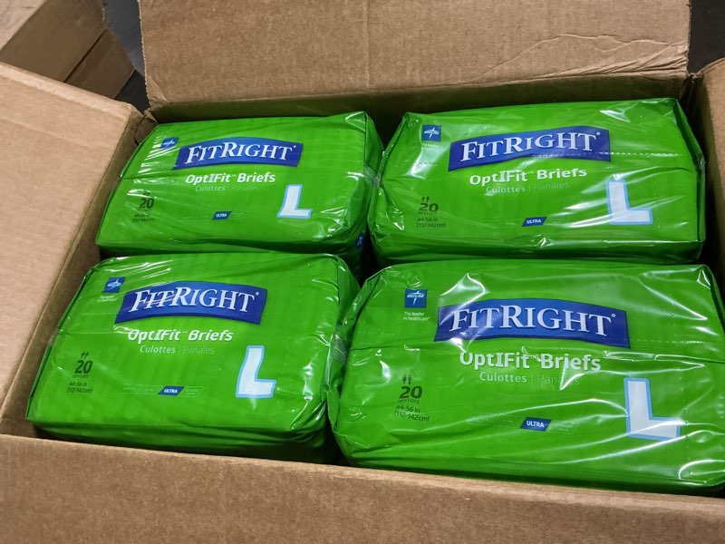 Condition photo showing New/Like New for FitRight OptiFit Extra Adult Briefs, Incontinence Diapers with Tabs, Moderate Absorbency, Large, 44 to 56", 20 Count (Pack of 4) 80 Count Large