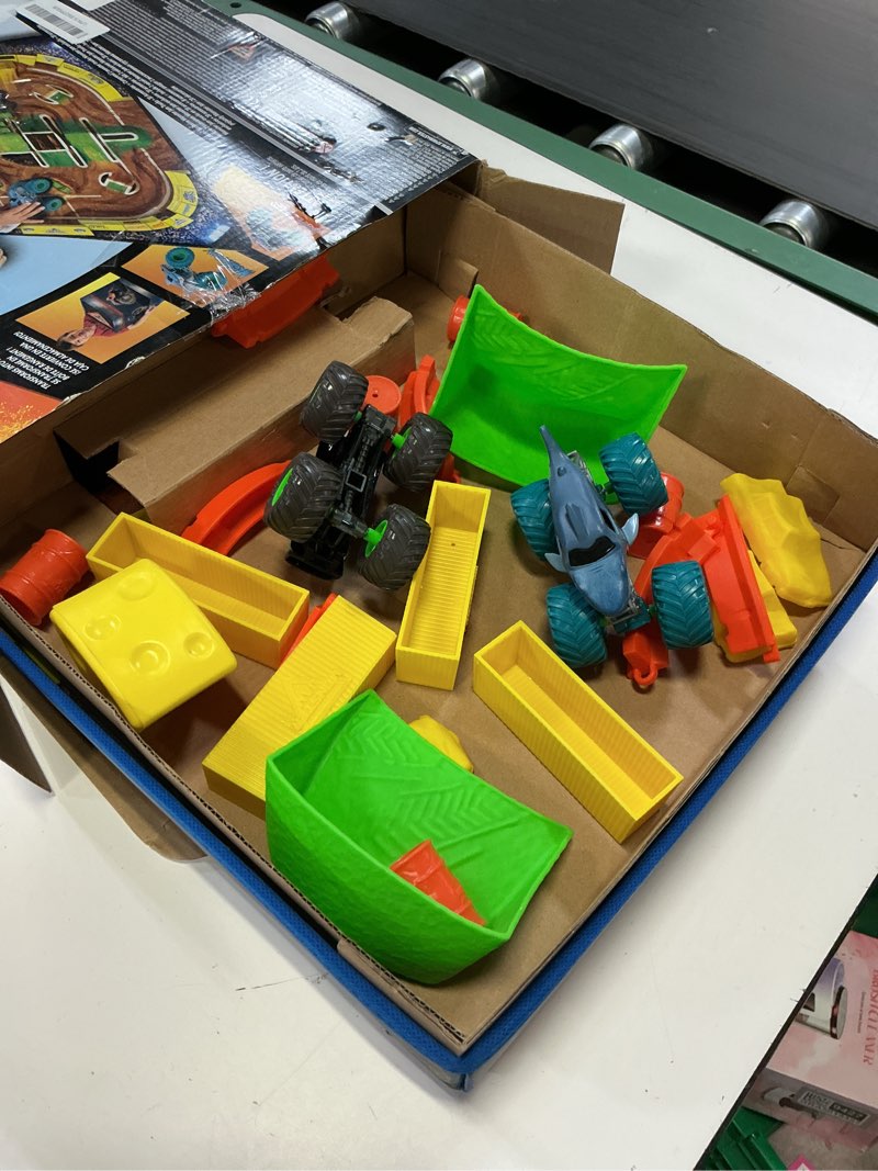 Condition photo showing As Is for monster jam, ultimate arena playmat & storage with 2 exclusive monster trucks, 1:64 scale, 20 accessories, kids toys for boys and girls ages 4 and up