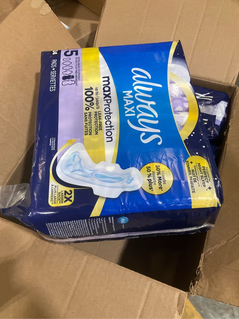 Condition photo showing As Is for always maxi overnight pads with wings, size 5, extra heavy overnight, unscented, 72 count size 5 72.0