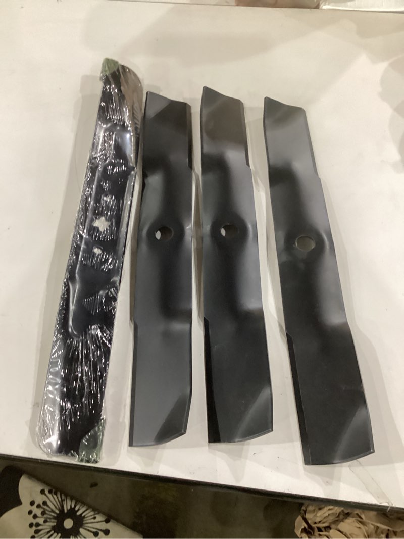 Condition photo showing Good Condition for acebri mower blades 54 '' for john deere m143520 54 inch mower blades for john deere z375r 1023e,1025r, lx280, x320 x380 x570 x580 x590 blades for john deere z425, z435, z445 blades, (4/5" cente)3pack