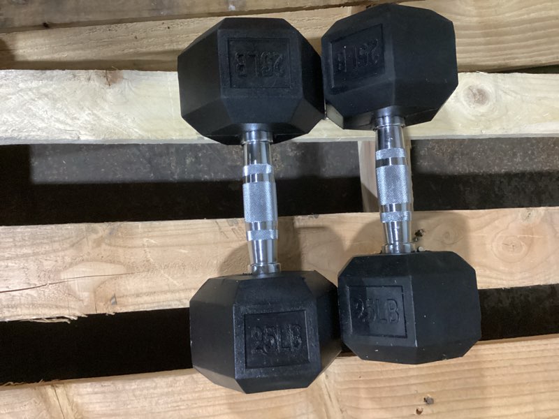 Condition photo showing Good Condition for Fitvids Hex Rubber Coated Dumbbells Hand Weights Pairs for Exercises and Fitness and Home Gym, Pairs 25LBS Pair