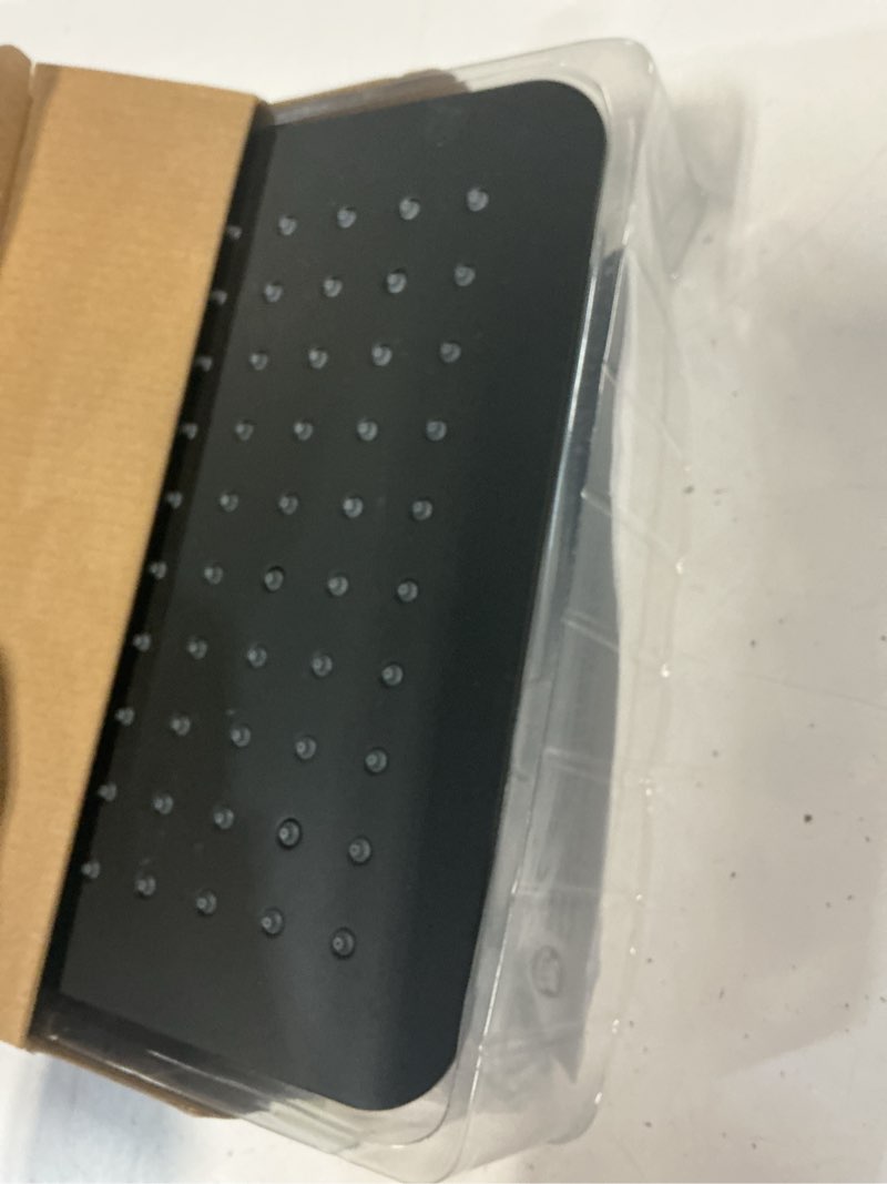 Condition photo showing As Is for allen + roth reign  matte black 10-in square fixed rain shower head 1.8 gpm