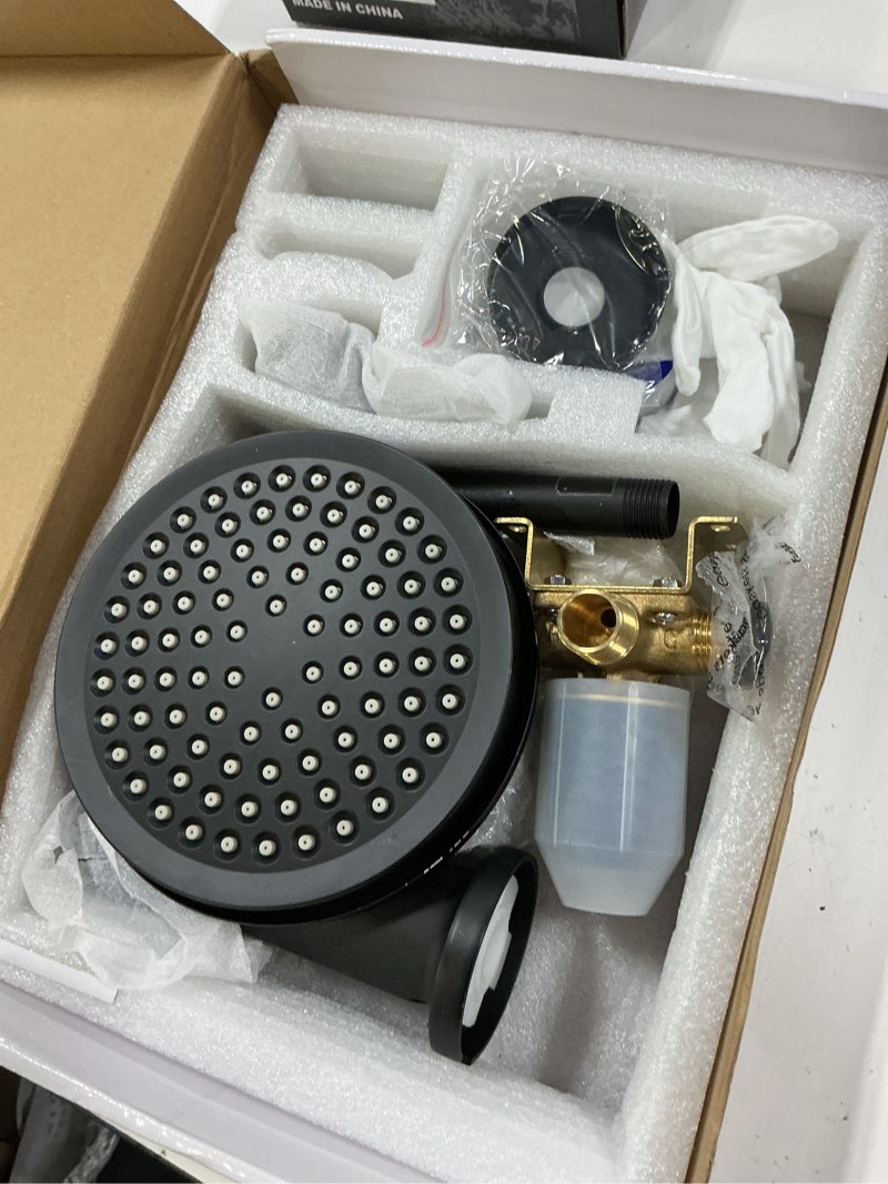 Condition photo showing As Is for shower faucet set with valve, tub shower faucet set with 6-inch rain shower head and tub spout, single handle bathtub tub faucet set, matte black
