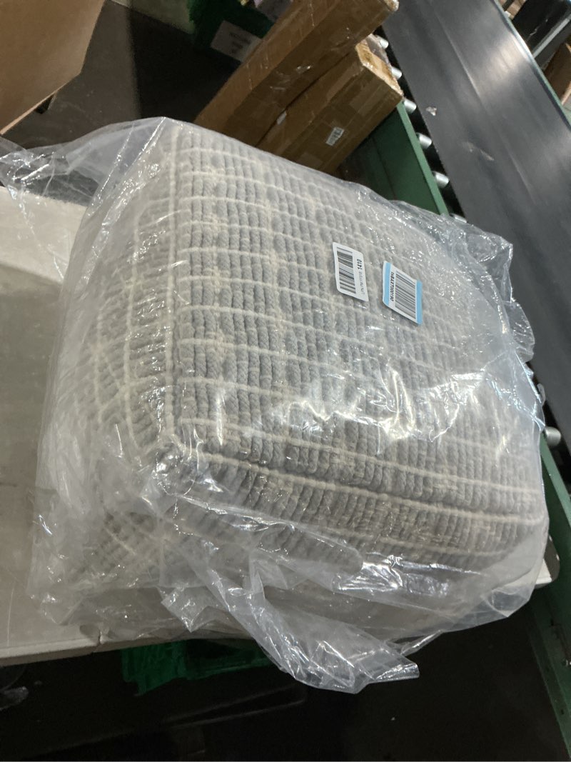 Condition photo showing Good Condition for simplihome noreen square pouf - 18 inch wide upholstered handwoven cotton ottoman in light blue and white, boho footstool or extra seating for living room with polystyrene filling, assembled light blue, white 18"d x 18"w x 14"h