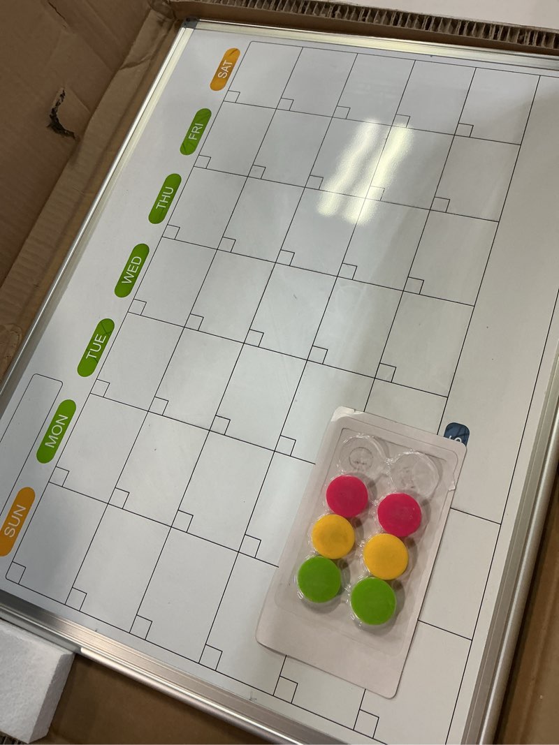 Condition photo showing As Is for weekly calendar dry erase whiteboard for wall, 24"x18" magnetic weekly planner white board, double sided hanging daily planning board for home, office, school, kitchen silver+weekly calendar 24"w x 18"h