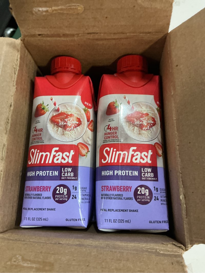 Condition photo showing Good Condition for /best by may 14/2026) slimfast protein shake, strawberry- 20g protein, meal replacement shake ready to drink, high protein with low carb and low sugar, 24 vitamins and minerals, 12 count (pack of 1) (packaging may vary) strawberry meal replacement protein shake
