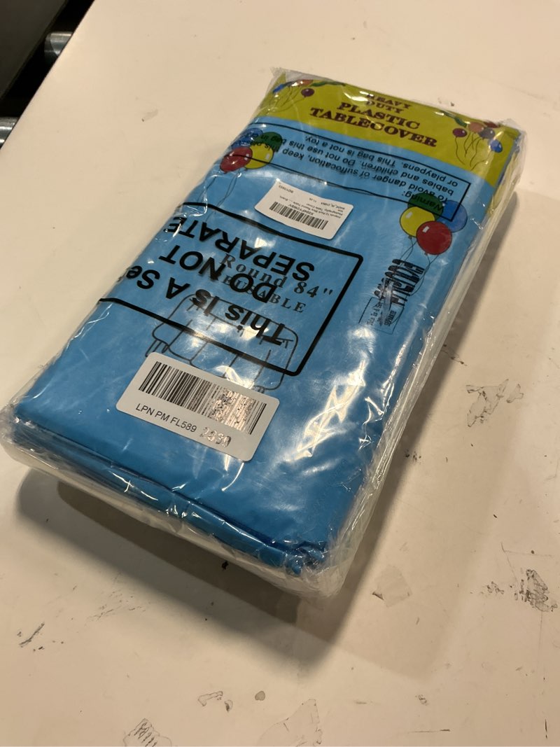 Condition photo showing New/Like New for Frienda 12 Pack Blue Round Tablecloth 84 Inch Plastic Tablecloths Disposable Plastic Cloths for Birthday, Weddings, Party, Fiesta Party, Event, Photography, Table Cover