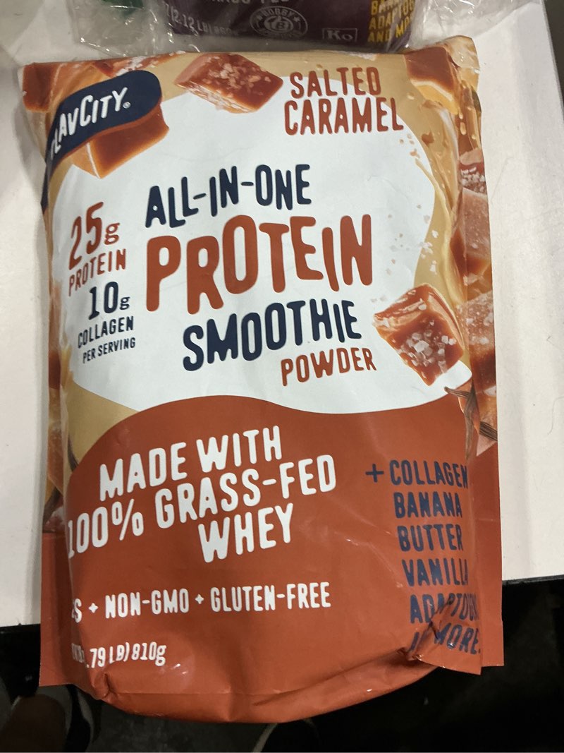 Condition photo showing New/Like New for ((b.b 12/28/27)) flavcity all in one protein shake powder, salted caramel - on the go meal alternative + collagen peptides, reishi & cordyceps - focus, skin, hair & joint support - 100% grass fed whey, 20 servings