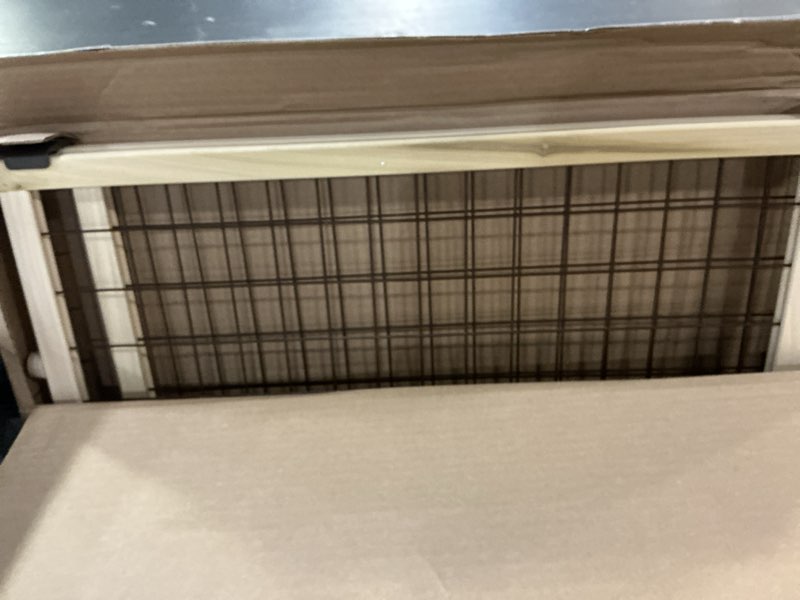 Condition photo showing As Is for mypet north states extra tall & wide wire mesh dog gate: 29.5-48" wide, 37" tall, natural finish, made in usa 29.5"-48" wide, 37" tall