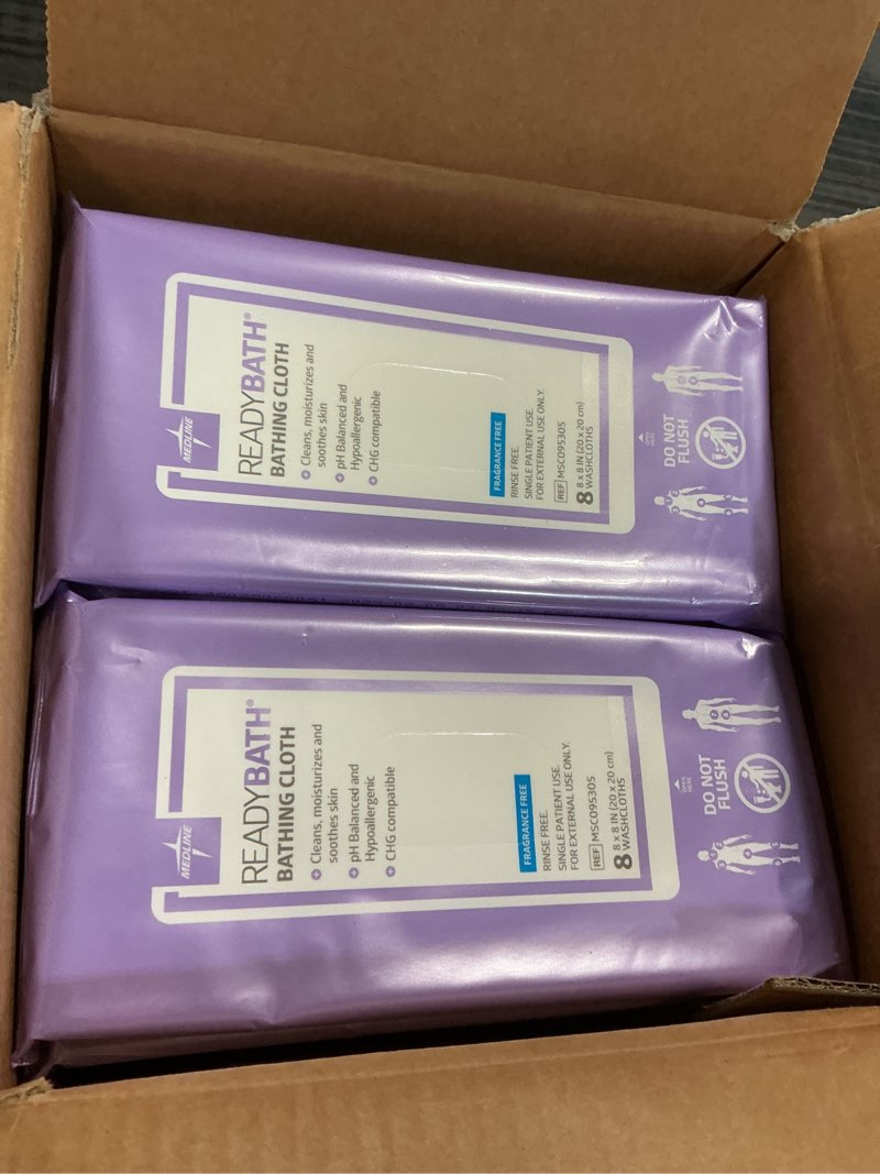Condition photo showing New/Like New for Medline ReadyBath Adult Bath Wipes, 240 Wipes (8 Wipes, 30 Packs), Unscented, No Rinse Formula with Aloe, Shower Wipes for Sensitive Skin, Hypoallergenic & Alcohol-Free Wet Wipes, 8 x 8 Inch Unscented 30 Count (Pack of 8)