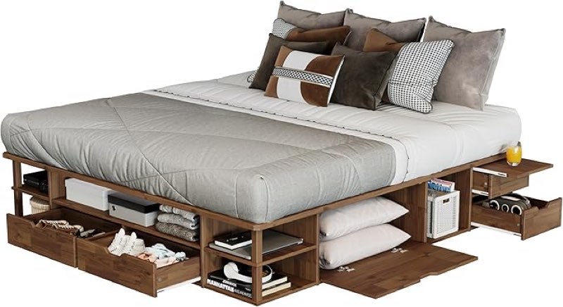incomplete * missing boxes only slats * LETTO Capri King Size Wood Platform Storage Bed Frame with Drawers and Built-in Shelves, Storage Platform Bed Great for Couples Room Organization, Solid Wood Bed, Smooth Finish (Golden Brown)