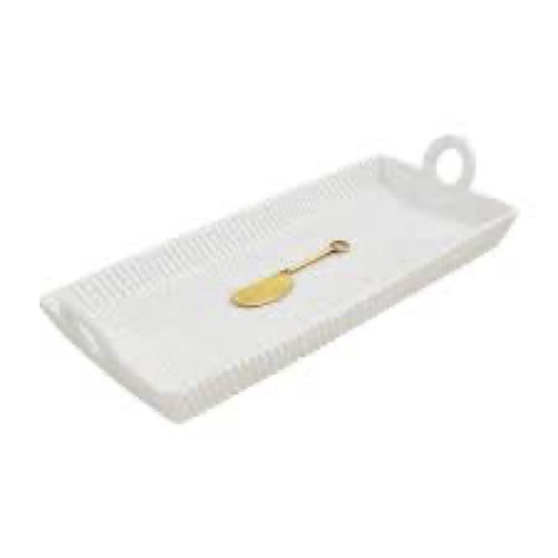 Mud Pie tray 6 x 14 1/4" | spreader 5 1/2" Woven Ceramic Hostess Set, White