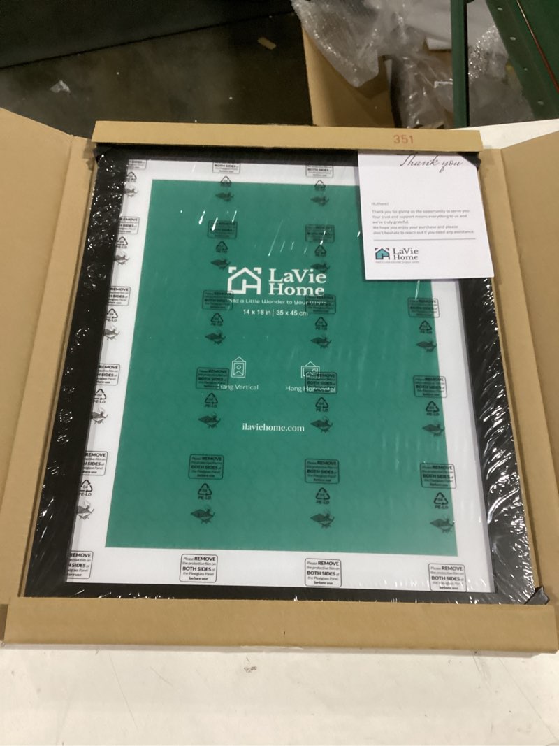 Condition photo showing Good Condition for LaVie Home 14x18 Picture Frame Black Poster Frame,Display Pictures 12x16 with Mat or 14x18 Without Mat, Stable and Sturdy Frame and Polished Plexiglass, Horizontal and Vertical Format of The Walls 14x18 Black
