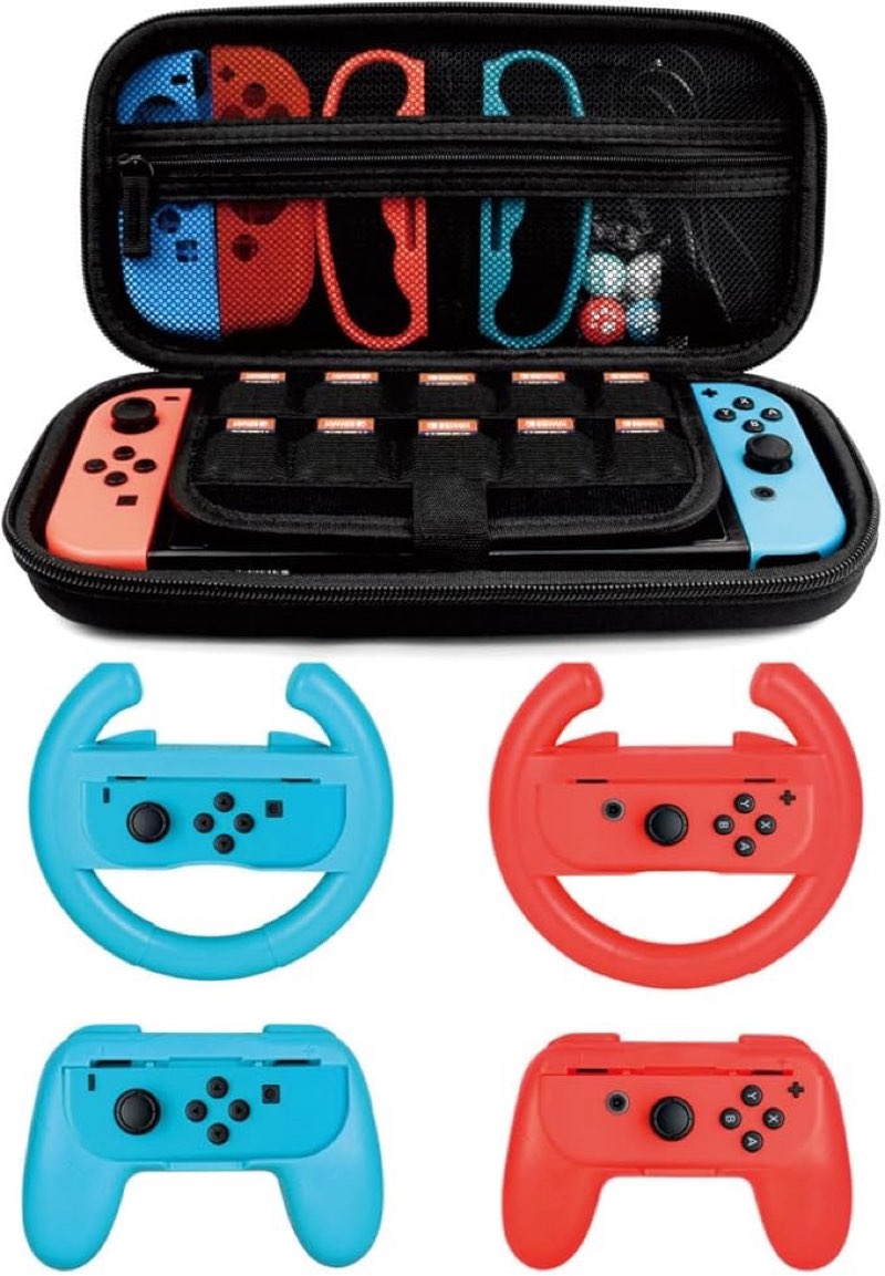 Accessories Kit for Nintendo Switch Games Starter, 2X Steering Wheel, 2X Grip Kit, 1x Travel Carry Case