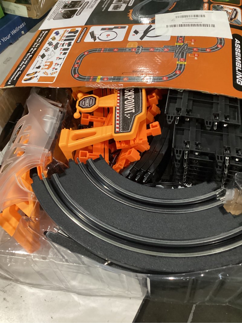 Condition photo showing Good Condition for slot car race track sets with 4 slot cars, electric race car track include slope circular overpass track, dual racing game featuring flash bridge and pendulum, gifts toys for boys kids age 6 7 8-12 1:64