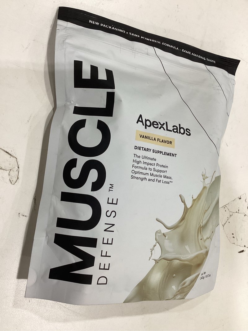 Condition photo showing New/Like New for apexlabs apex muscle defense by dr. tracy gapin — hydrolyzed whey protein blend with hmb, leucine, ursolic acid & velositol — supports lean muscle growth, strength & recovery, vanilla