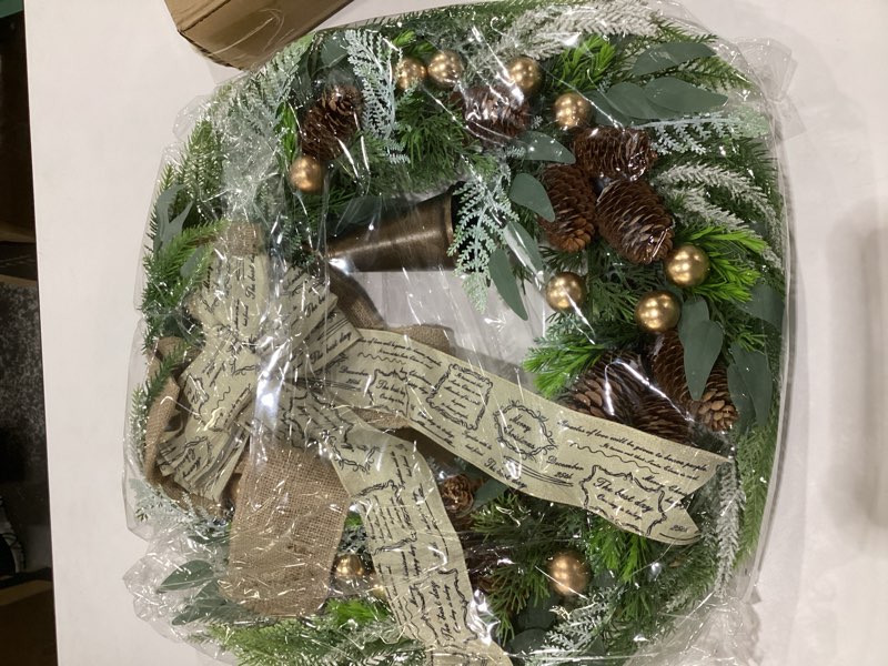 Condition photo showing New/Like New for Idyllic 24 Inch Christmas Wreath with Pine Needles, Berries, Pine Cones, Ribbons - Artificial Xmas Decoration for Indoor/Outdoor Use, SIMILAR TO STOCK PHOTO 