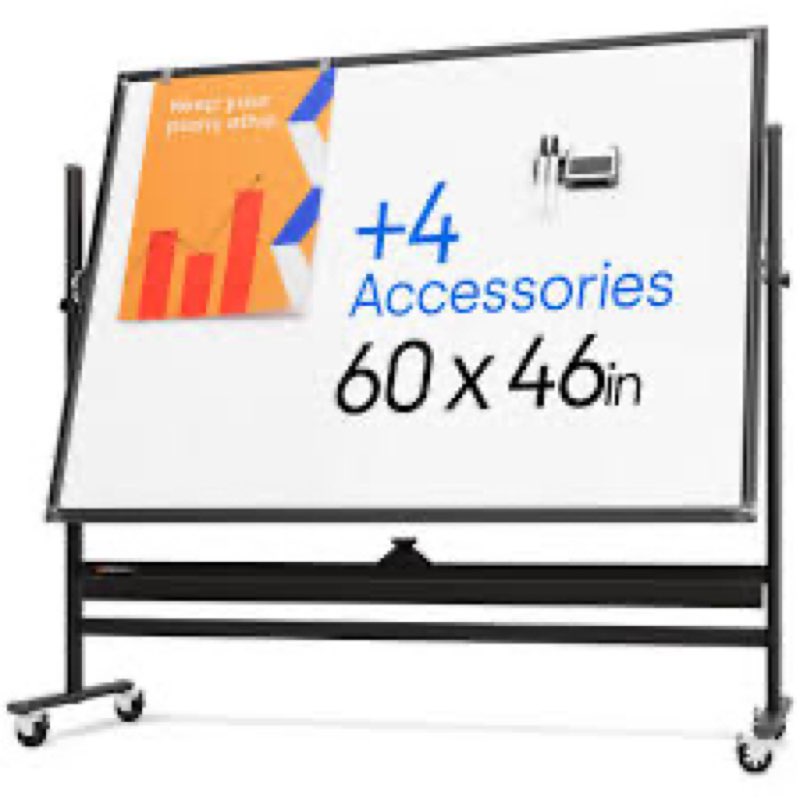 Rolling Dry Erase Board 60 x 46 - Large Portable Magnetic Whiteboard with Stand - Double Sided Easel Style Whiteboard with Wheels - Mobile Standing Whiteboard for Office, Classroom & Home