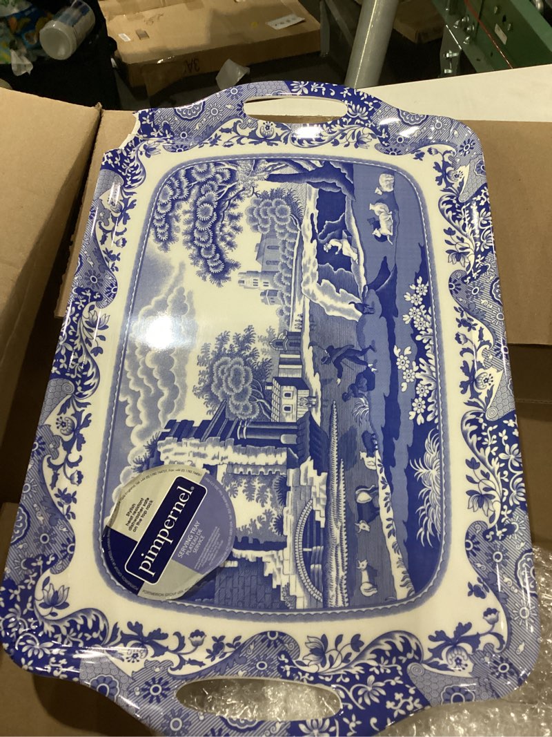 Condition photo showing As Is for pimpernel | large tray with handle | spode blue italian design | serving platter | dessert and breakfast tray | measures 19" x 11.5" | made of melamine | dishwasher safe