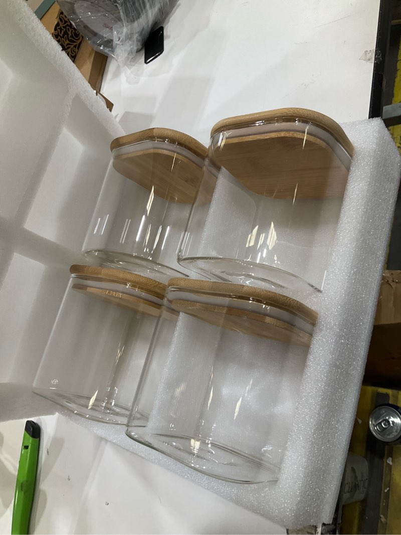 Condition photo showing Good Condition for 4-pack glass storage square jars with bamboo lids single 24 fl oz/720ml,glass canister set, airtight containers for kitchen dry goods, coffee, tea, sugar,flour ,candy, cookie, spice transparent small 4