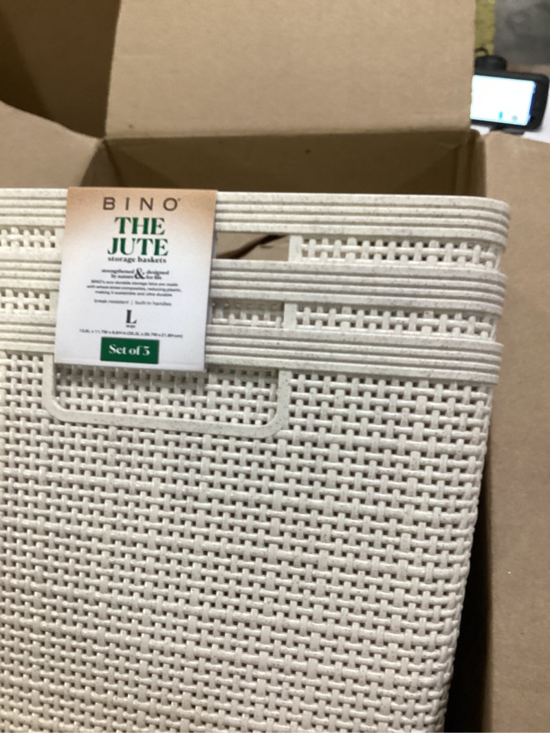 Condition photo showing Good Condition for BINO Woven Plastic Basket | Large (Natural), 3-Pack | THE JUTE COLLECTION | Home Organization, Space-Saving Storage, Stylish Design | Plastic Storage Basket Natural 3PK- L