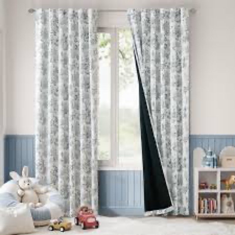 jinchan Blackout Nursery Curtains 84 Inches Long, Bunny Woodland Toile Curtains Blue on Beige Animal