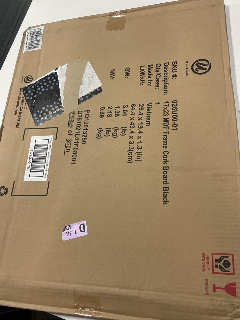 Condition photo showing New/Like New for u brands cork bulletin board, 23 x 17, tan surface, black frame (026u0001)