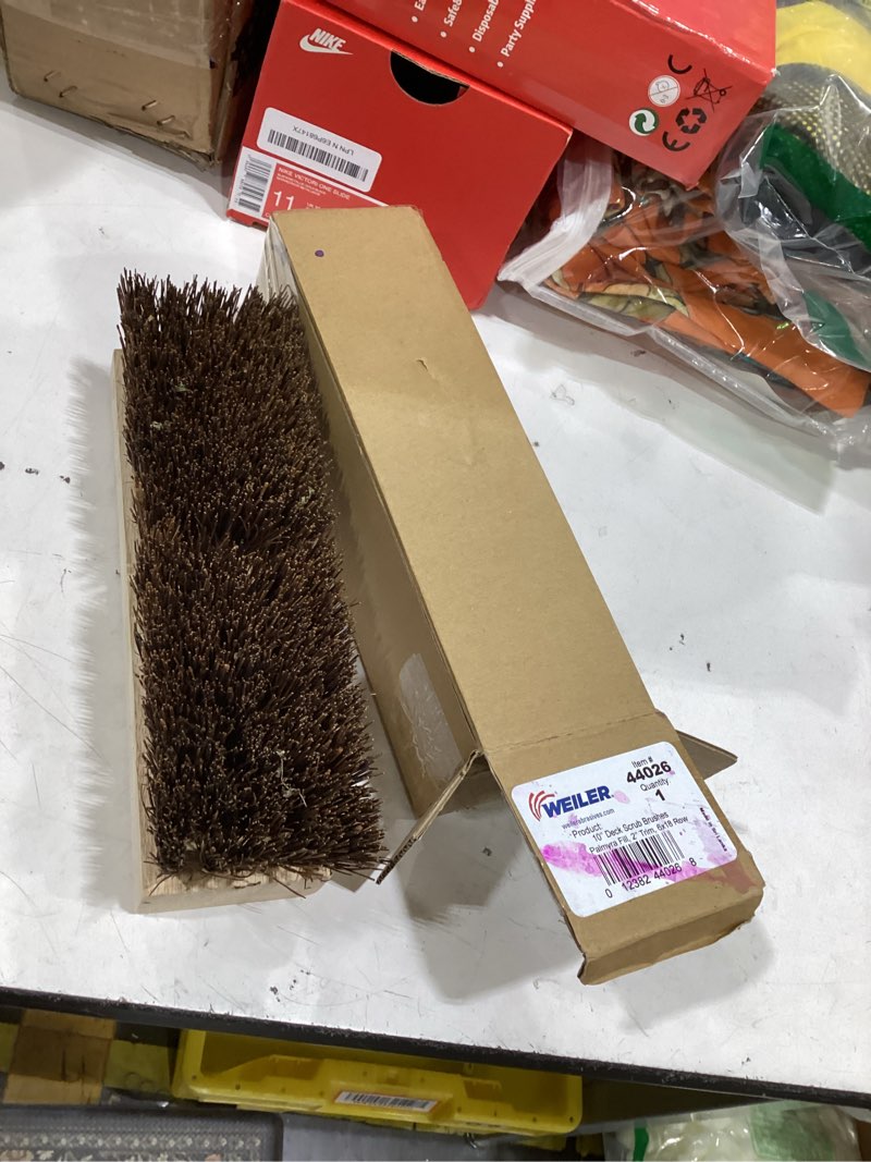 Condition photo showing Good Condition for weiler 44026 heavy duty deck scrub brush with natural palmyra bristles for wooden decks, conrete patios, and other rough surfaces 10" palmyra