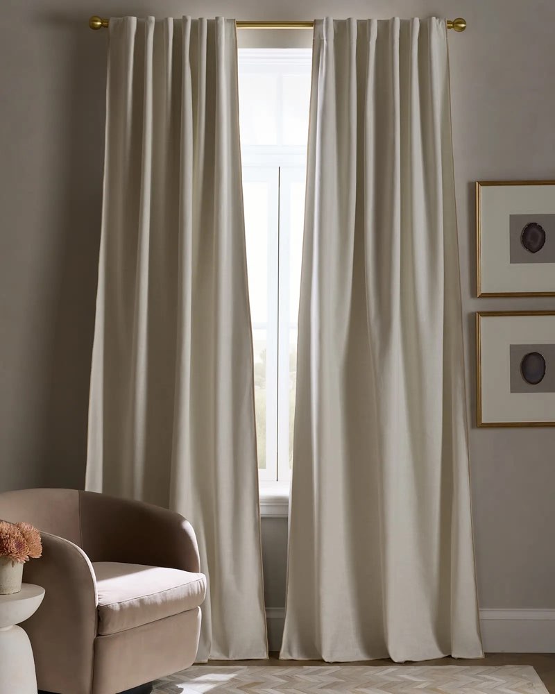 Quince Piped Edge Cotton True Blackout Curtain - Single Panel 48”x96” Ivory/Oatmeal Piping